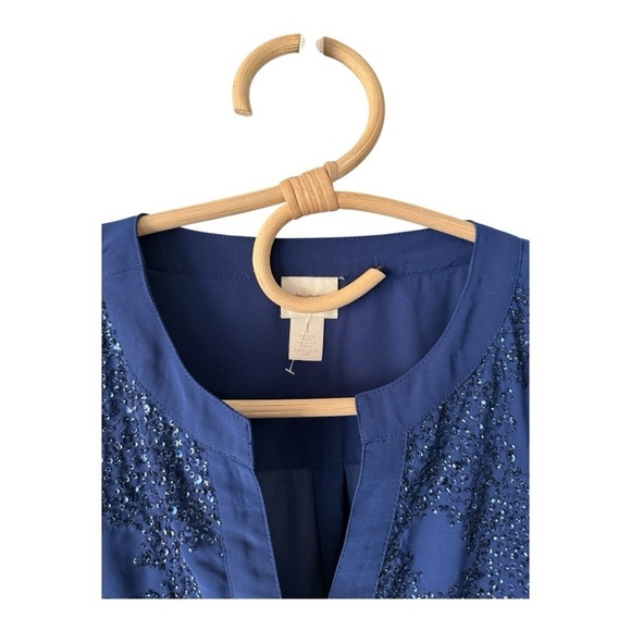 Chicos Cobalt Blue Split Neck Sequin Front Sheer Layered Occassion Blouse - Picture 7 of 13